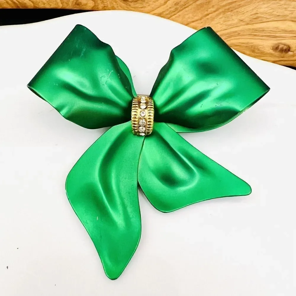 Vintage Green Metalic Satin Bow Ribbon Brooch Crystal Accent Large Matte 1045